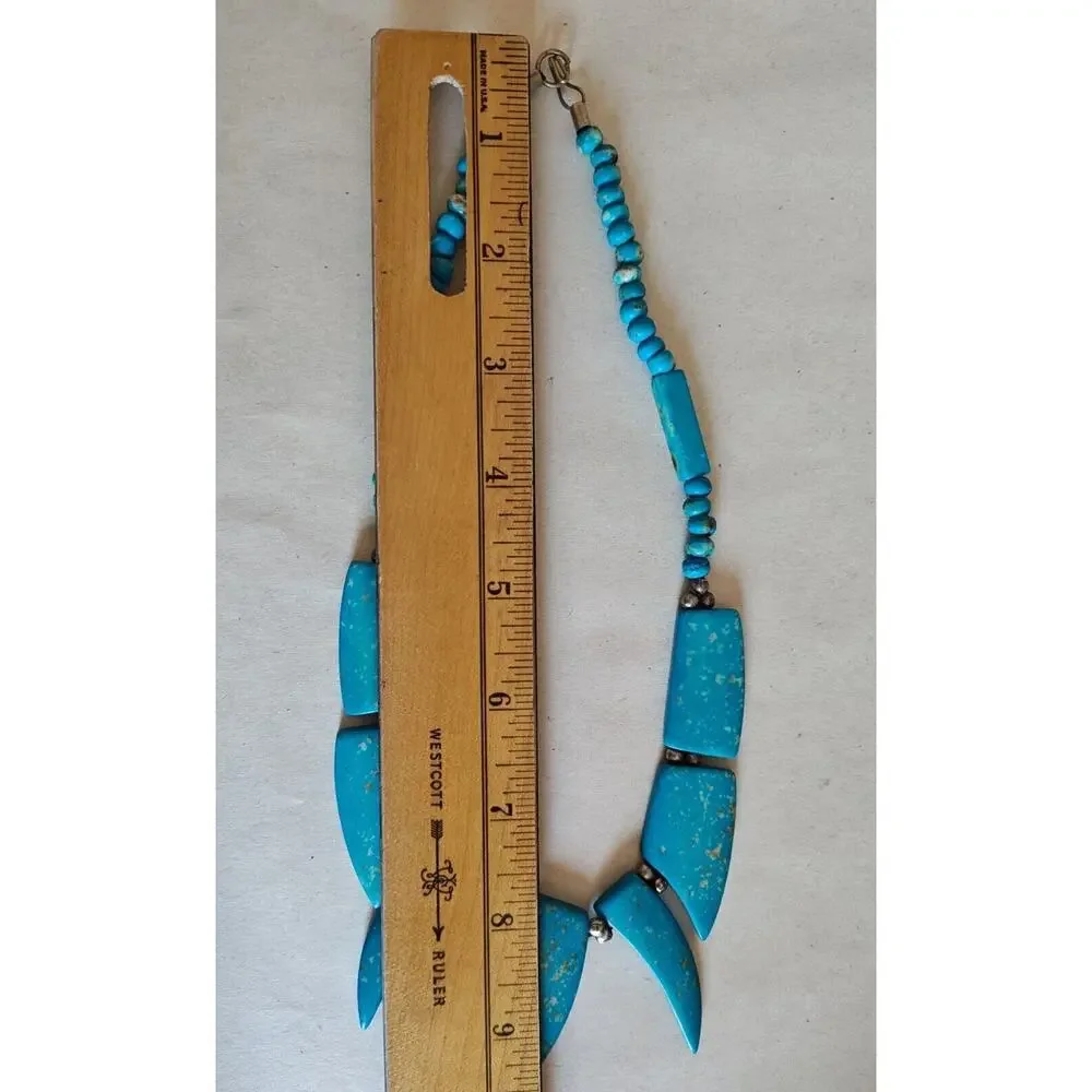 Blue Turquoise Statement Necklace Gold Art Deco Resin‎ Chunky Tribal Choker 8 in